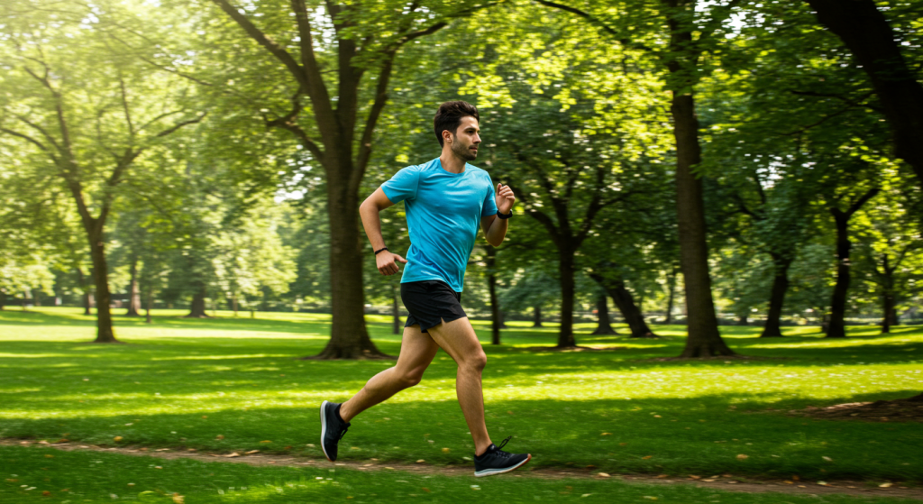 Un jeune homme court dans un parc