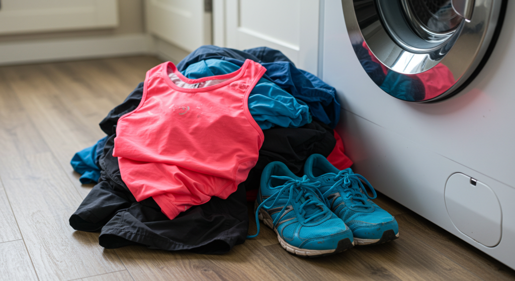 v&ecirc;tements de running sales pos&eacute;s &agrave; c&ocirc;t&eacute; d'une machine &agrave; laver