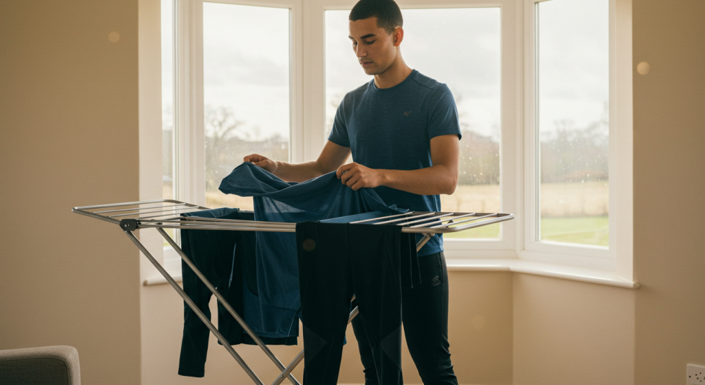 Un coureur &eacute;tend ses v&ecirc;tements de running propres sur un &eacute;tendoir