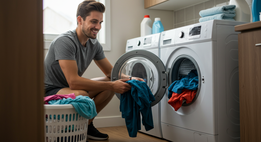Un jeune homme met ses v&ecirc;tements de running sales dans la machine &agrave; laver
