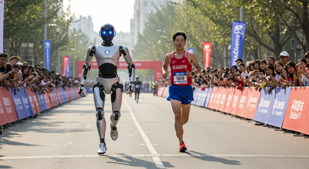 Un coureur à côté d'un robot humanoide pendant le semi-marathon de Pékin 2025