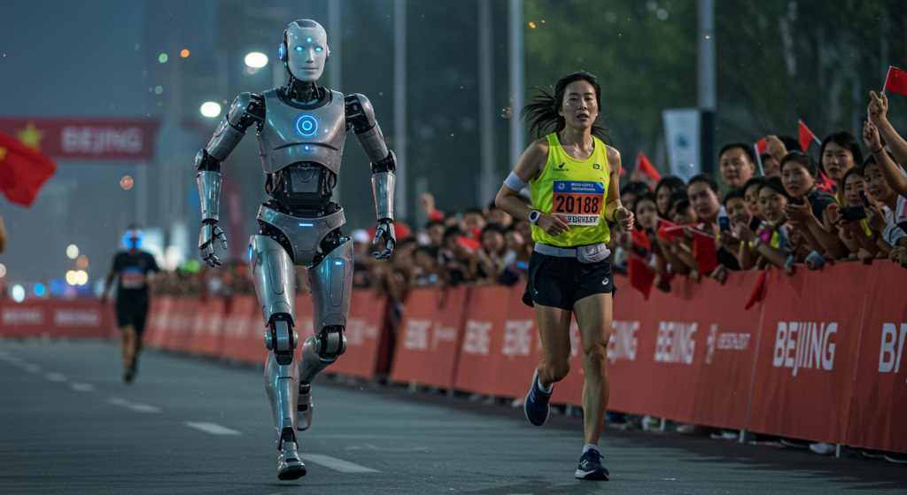 Une coureuse à côté d'un robot humanoide pendant le semi-marathon de Pékin 2025
