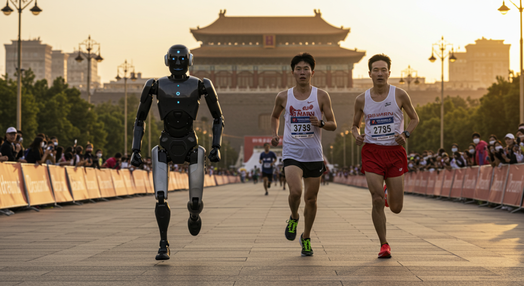 2 coureurs à côté d'un robot humanoide pendant le semi-marathon de Pékin 2025