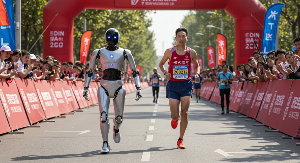 Un coureur à côté d'un robot humanoide à l'arrivée du semi-marathon de Pékin 2025