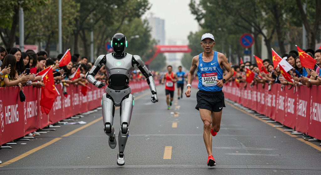 Un coureur senior à côté d'un robot humanoide pendant le semi-marathon de Pékin 2025