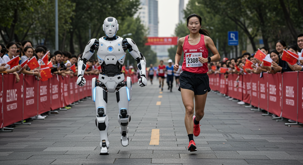 Une coureuse à côté d'un robot humanoide pendant le semi-marathon de Pékin 2025