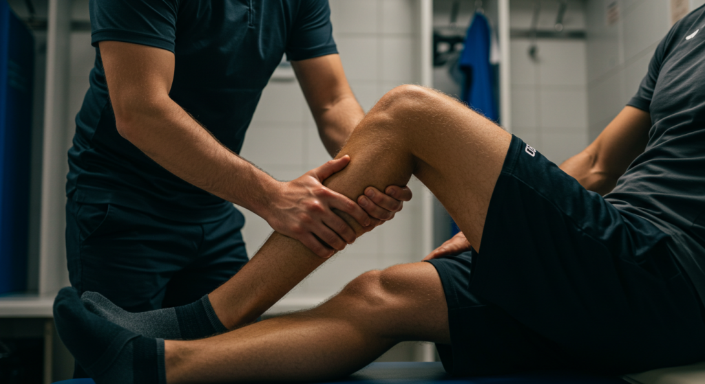 Mains de masseur sur les mollet d'un coureur