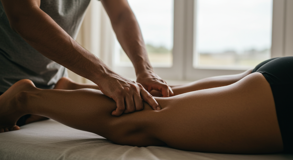 Mains de masseur sur les jambes d'une coureuse
