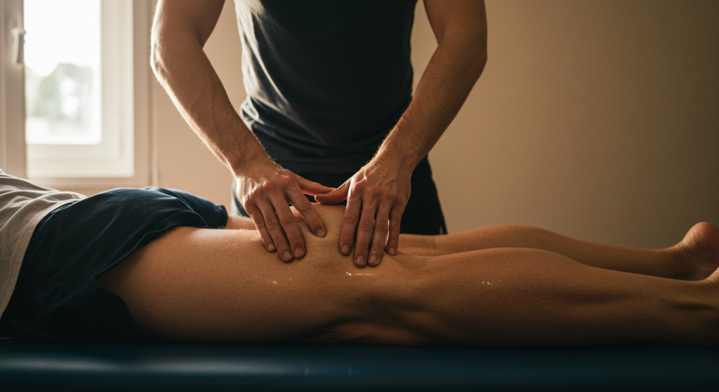 Mains de masseur sur les jambes d'un coureur