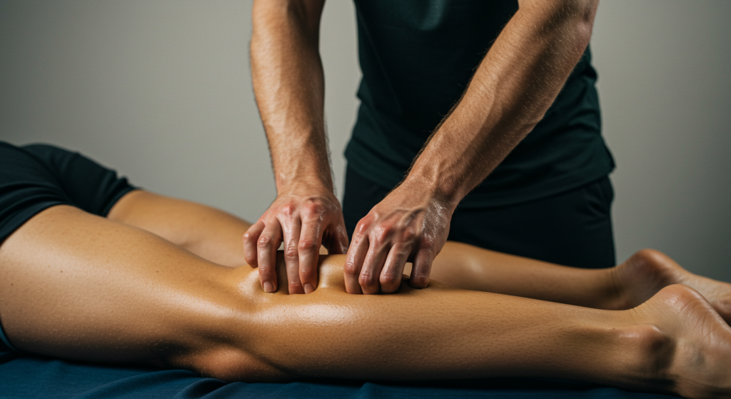 Mains de masseur sur les jambes d'une coureuse