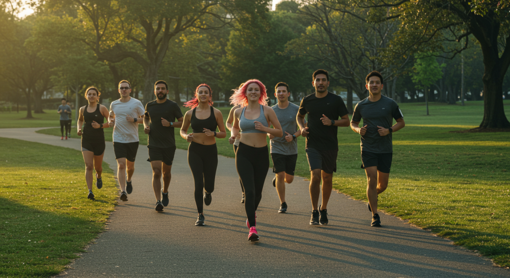 Groupe de coureurs souriants dans un parc
