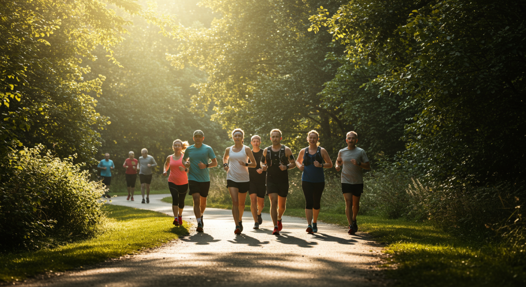 Groupe de coureurs dans un parc en plein soleil