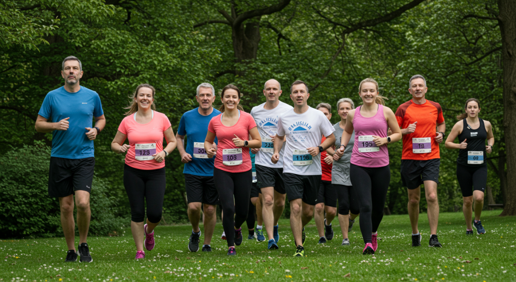 Groupe de coureurs sur la pelouse dans un parc