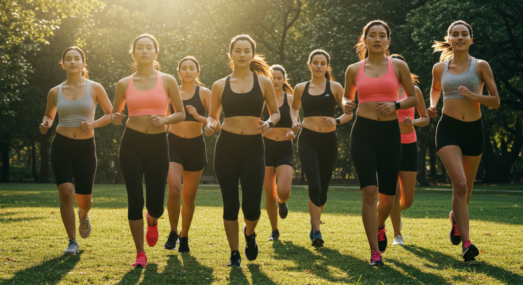 Groupe de coureuses sur la pelouse dans un parc