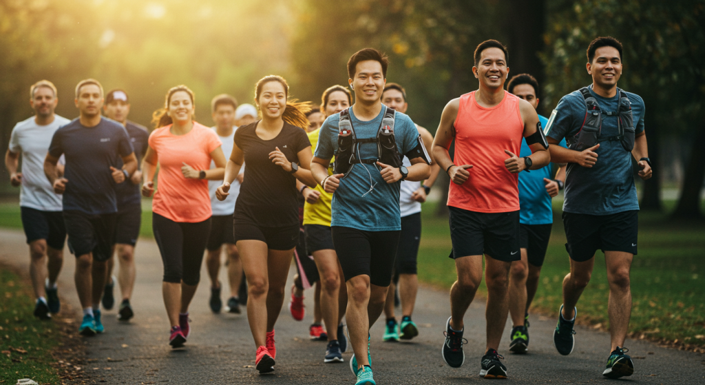 Groupe de coureurs souriants dans un parc