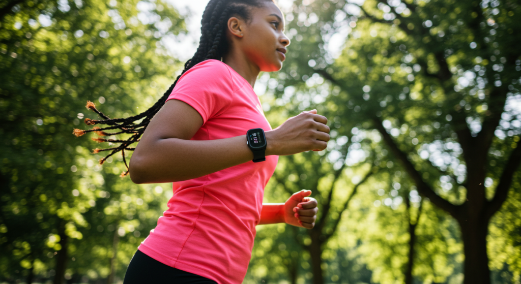 Une jeune femme typée africaine court avec une montre cardio GPS dans un parc