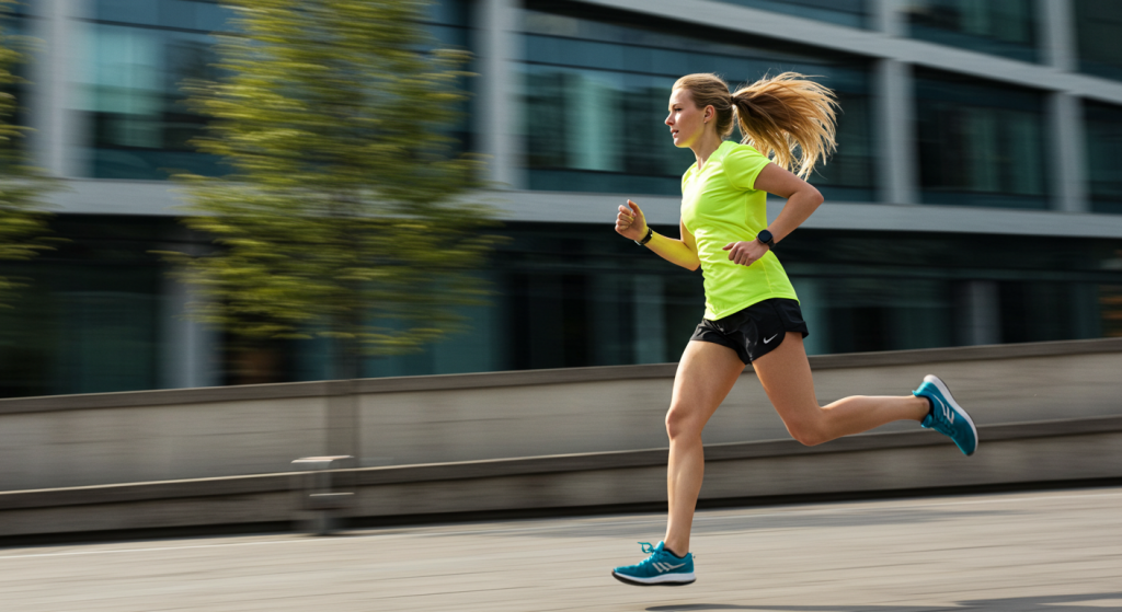 Une jeune femme blonde court avec une montre cardio GPS dans la rue