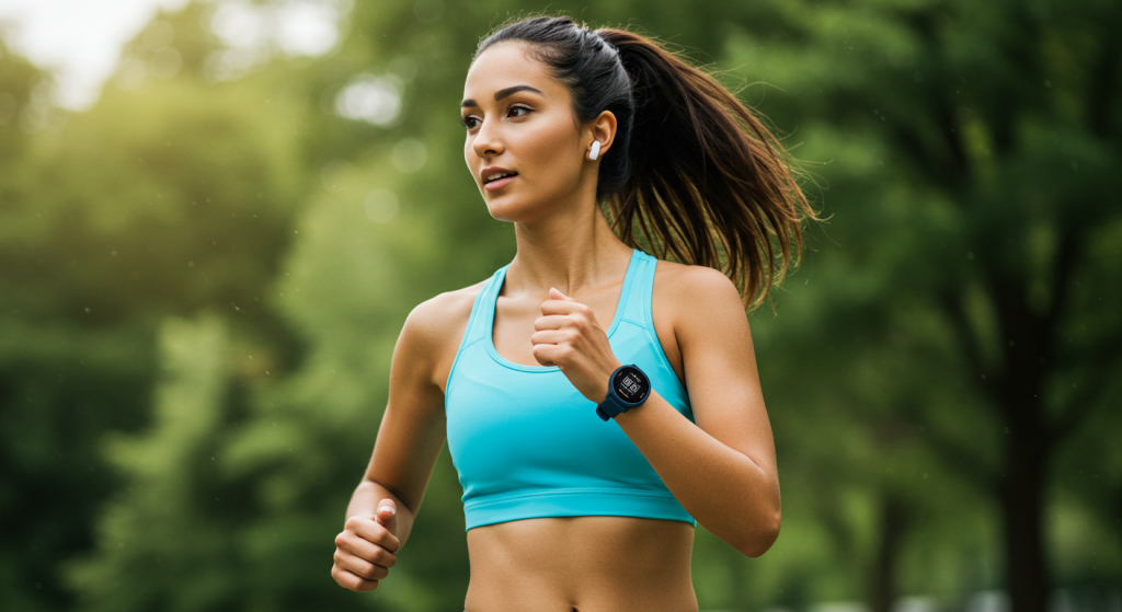 Une jeune femme brune court avec une montre cardio GPS dans un parc