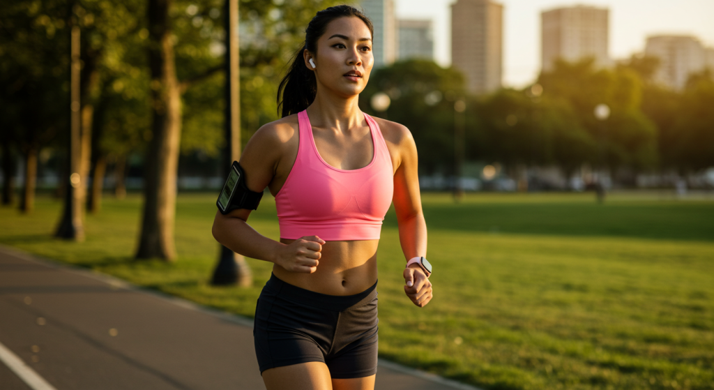 Une jeune femme brune typée asiatique court avec une montre cardio GPS et des airpods aux oreilles dans un parc