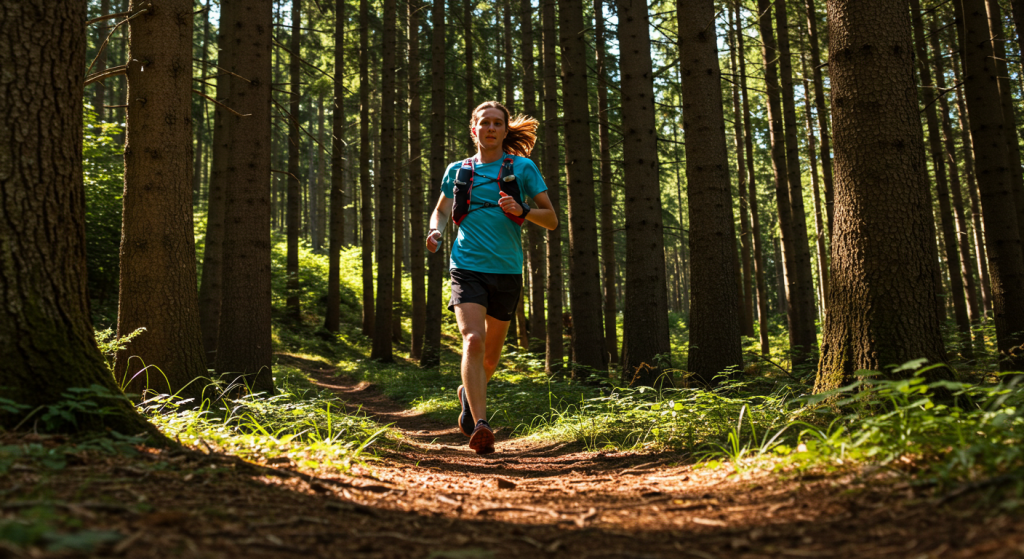 Un traileuse en descente sur un sentier dans la forêt