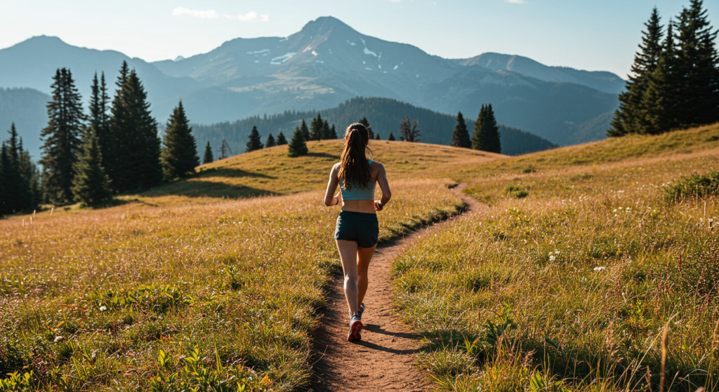 Une traileuse en descente sur un sentier à la montagne vue de dos