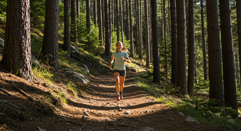 Une traileuse court sur un sentier dans la forêt