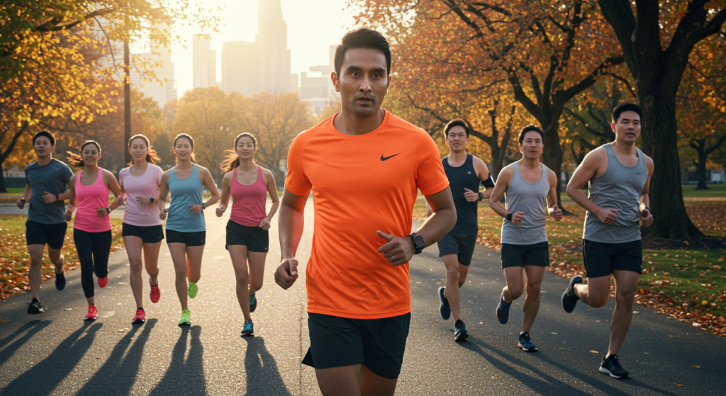 Plusieurs coureurs dans un parc en ville