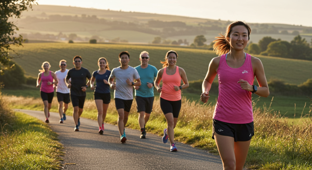 Plusieurs coureurs dans un parc à la campagne