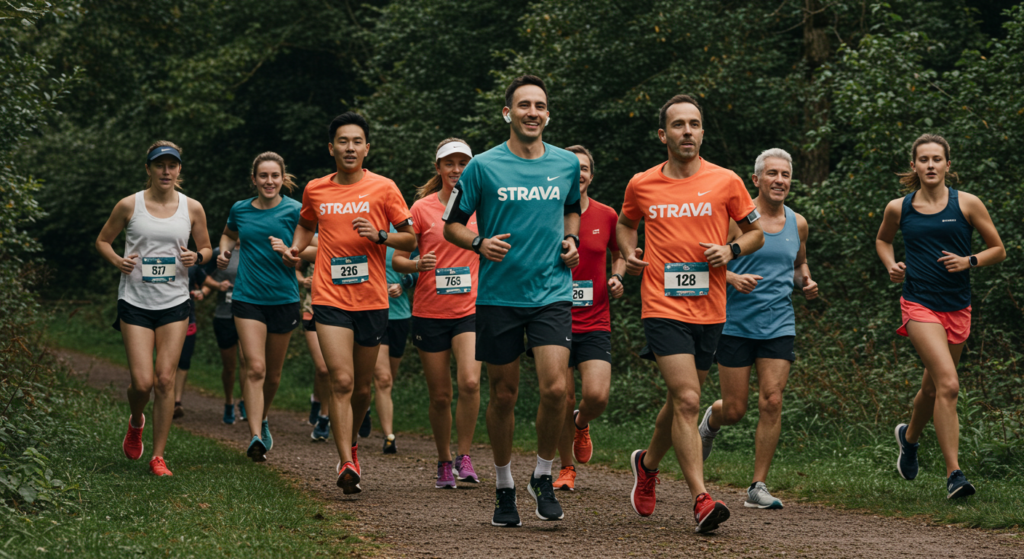 Plusieurs coureurs avec des T-shirt trava courent sur un sentier