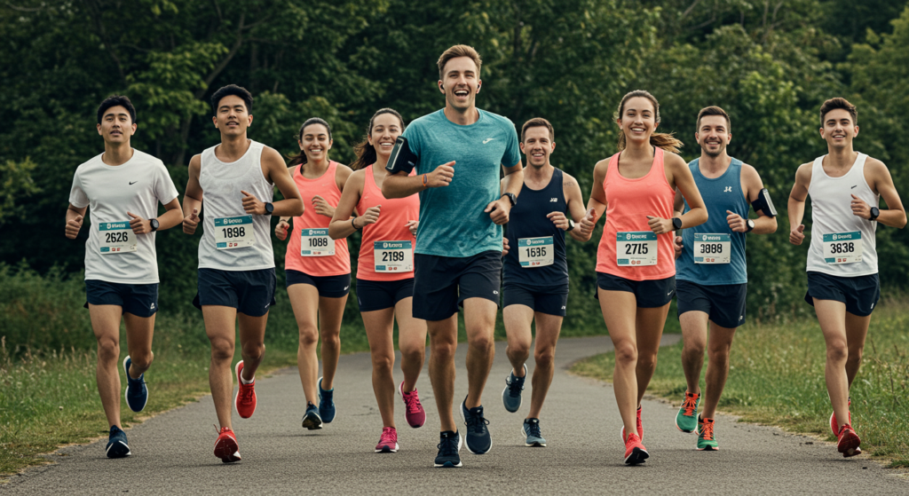 Plusieurs coureurs dans un parc en ville