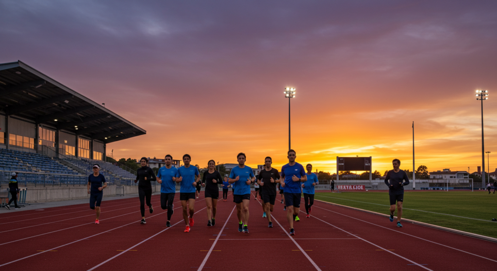 Groupe de coureurs en train de faire une séance Pantel sur une piste d'athlétisme au coucher du soleil
