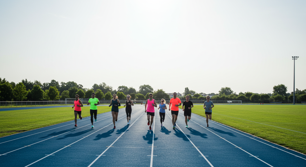 Groupe de coureurs en train de faire une séance Pantel sur une piste d'athlétisme en plein soleil