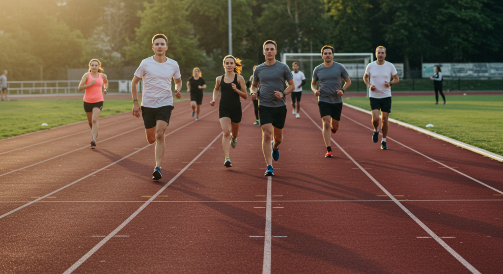 Groupe de coureurs en train de faire une séance Pantel sur une piste d'athlétisme