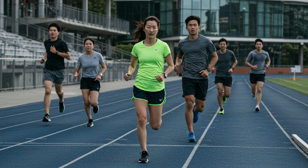 Groupe de coureurs en train de faire une séance Pantel sur une piste d'athlétisme