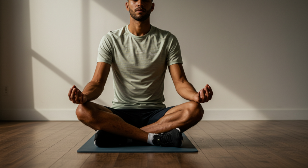 Un jeune coureur sur son tapis de yoga en train de faire une s&eacute;ance de sophrologie
