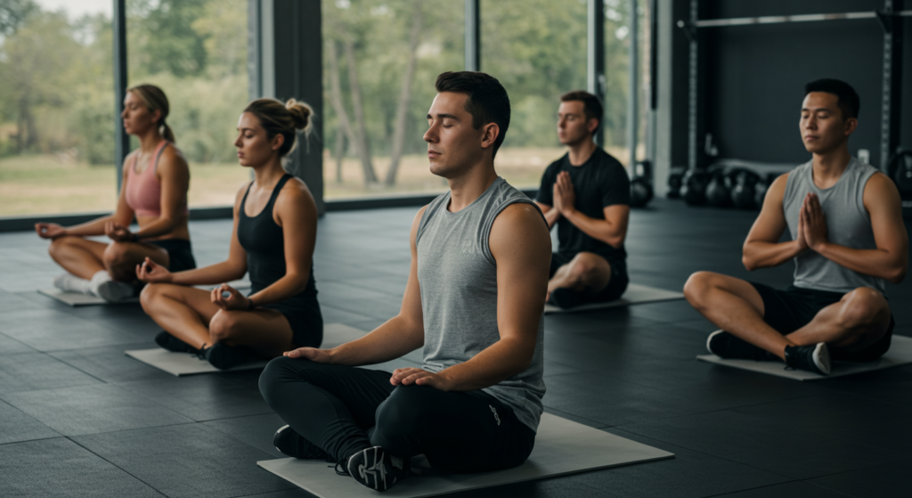 Plusieurs coureurs sur leur tapis de yoga en train de faire une s&eacute;ance de sophrologie