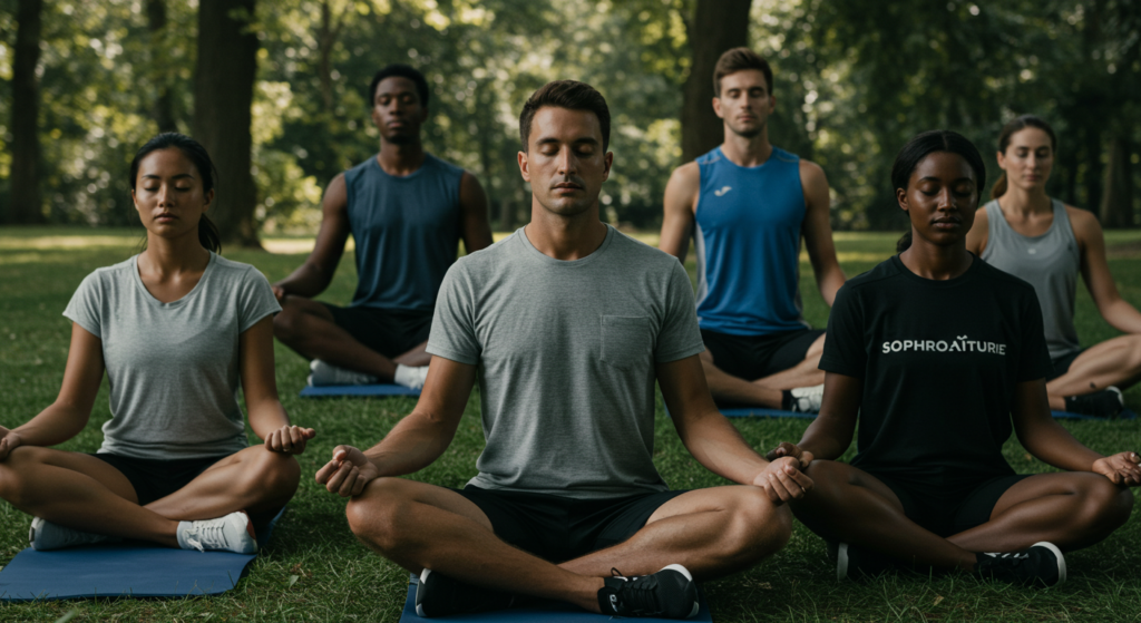 Plusieurs coureurs sur des tapis de yoga en train de faire une s&eacute;ance de sophrologie