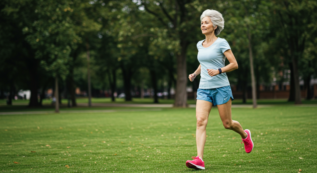 Une femme senior ménopausée en train de courir dans un parc