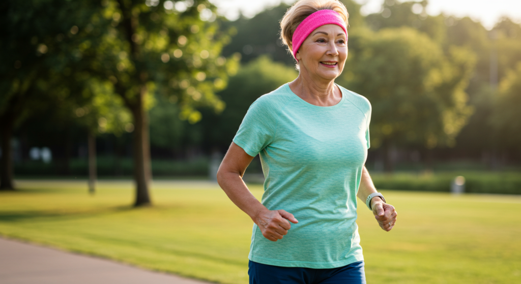 Une femme senior souriante ménopausée en train de courir dans un parc