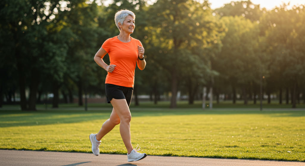 Une femme senior ménopausée en train de courir dans un parc