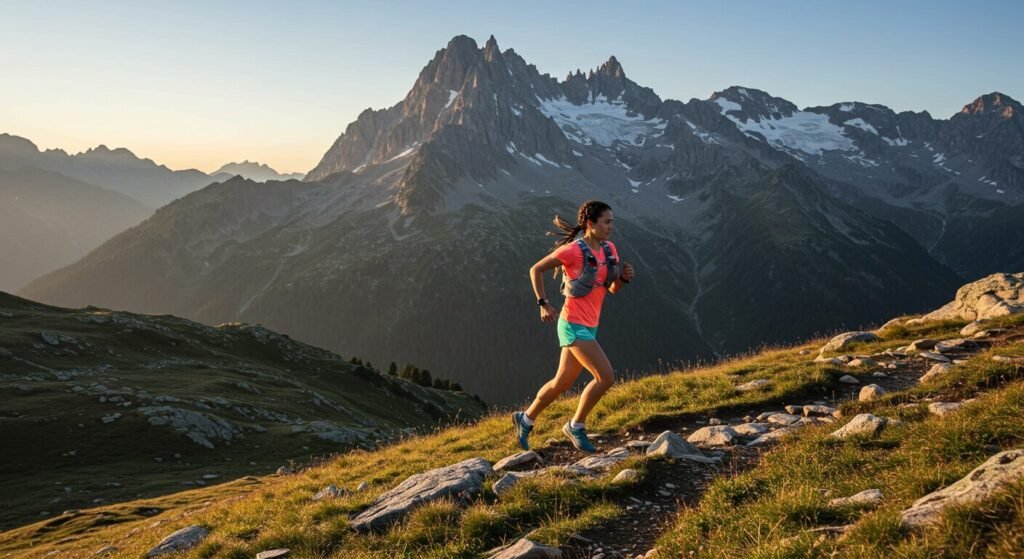 Une traileuse sur un sentier dans une mont&eacute;e dans les Alpes fran&ccedil;aises