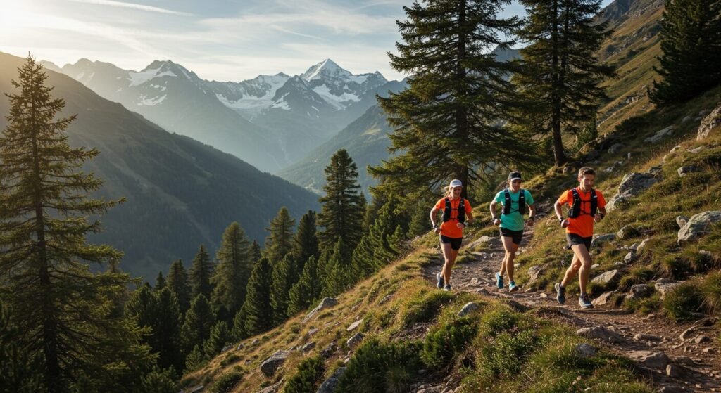 Des traileurs sur un sentier en for&ecirc;t dans les Alpes fran&ccedil;aises