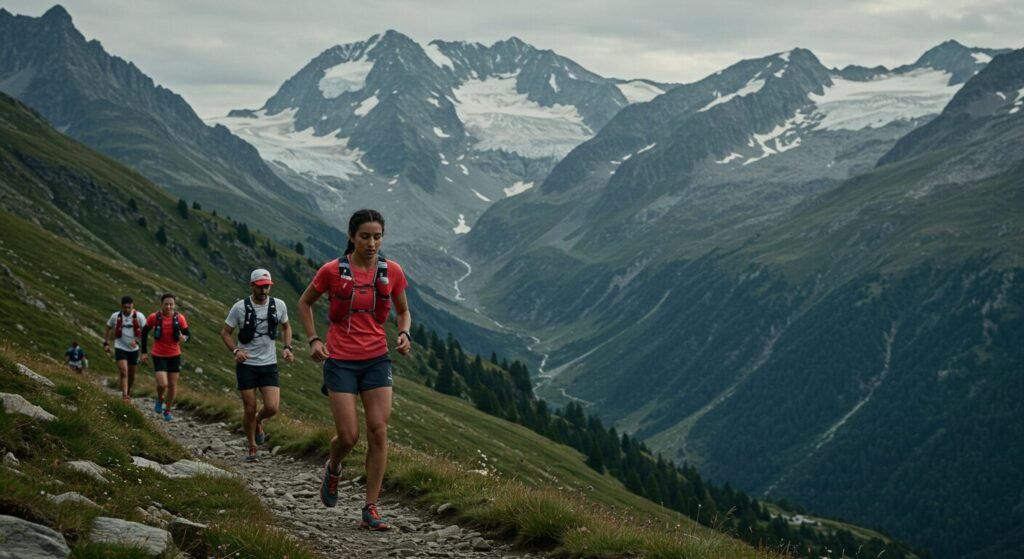 Des traileurs sur un sentier rocailleux dans une mont&eacute;e dans les Alpes fran&ccedil;aises