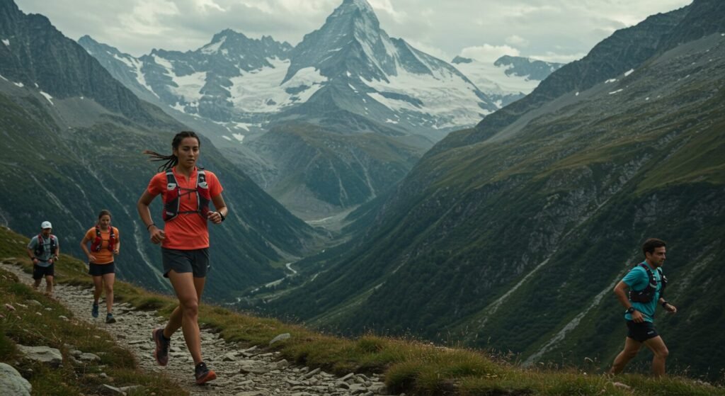Des traileurs sur un sentier dans une mont&eacute;e rocailleuse dans les Alpes fran&ccedil;aises
