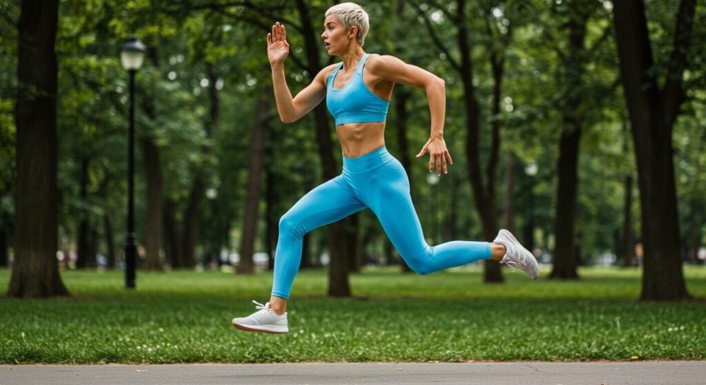 Une femme en train de faire de longues enjamb&eacute;es dans un parc