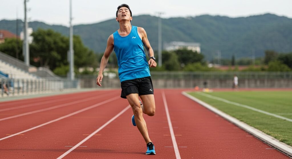 Un jeune homme en train de faire de courir sur une piste d'athl&eacute;tisme